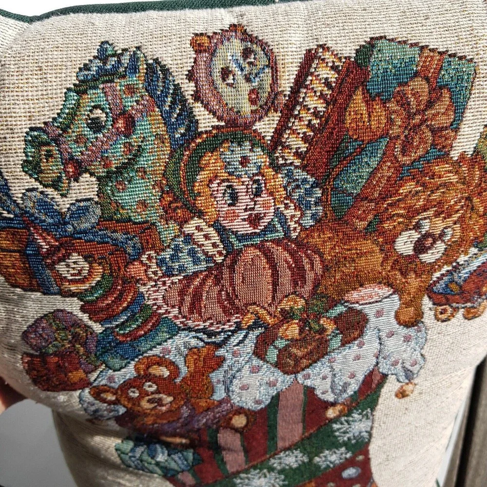 Vintage Christmas Tapestry Throw Pillow Cream Green Stocking Toys 16” X 12” Xmas